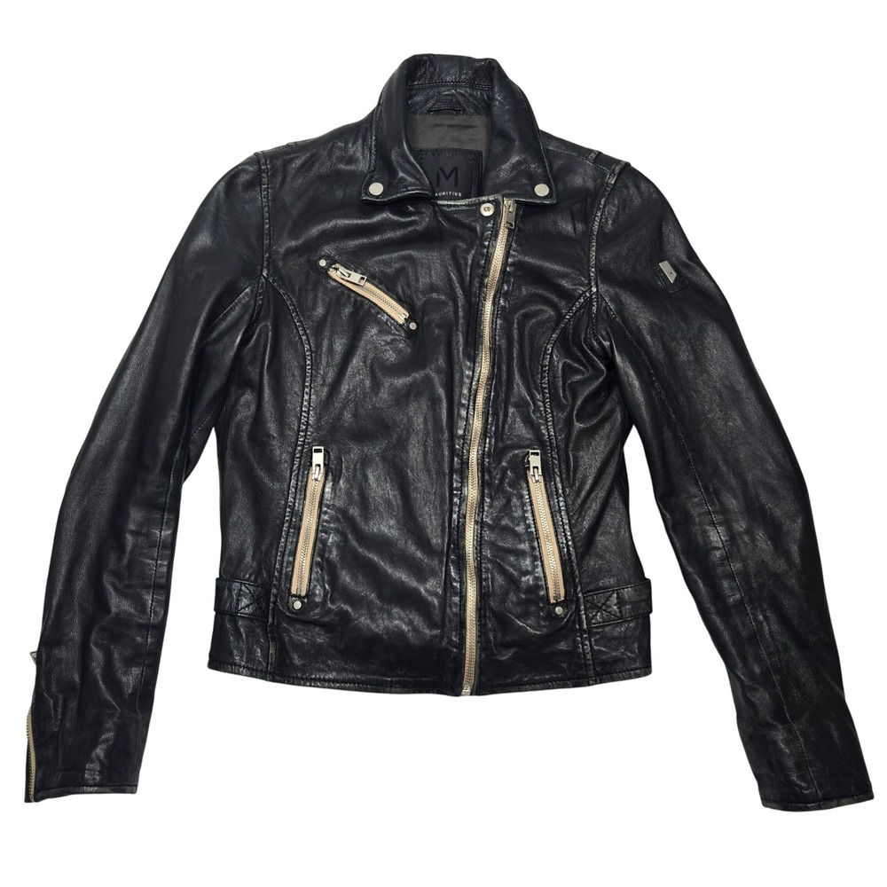 Mauritius Leather Moto Jacket Women M Black Asymmetric Biker Distressed Lambskin